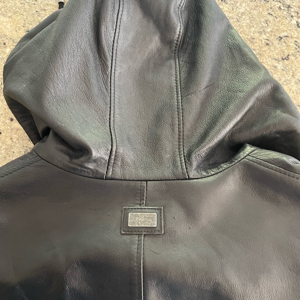 Dolce & Gabbana Black Leather Bomber Jacket with Hood - Picture 4 of 9